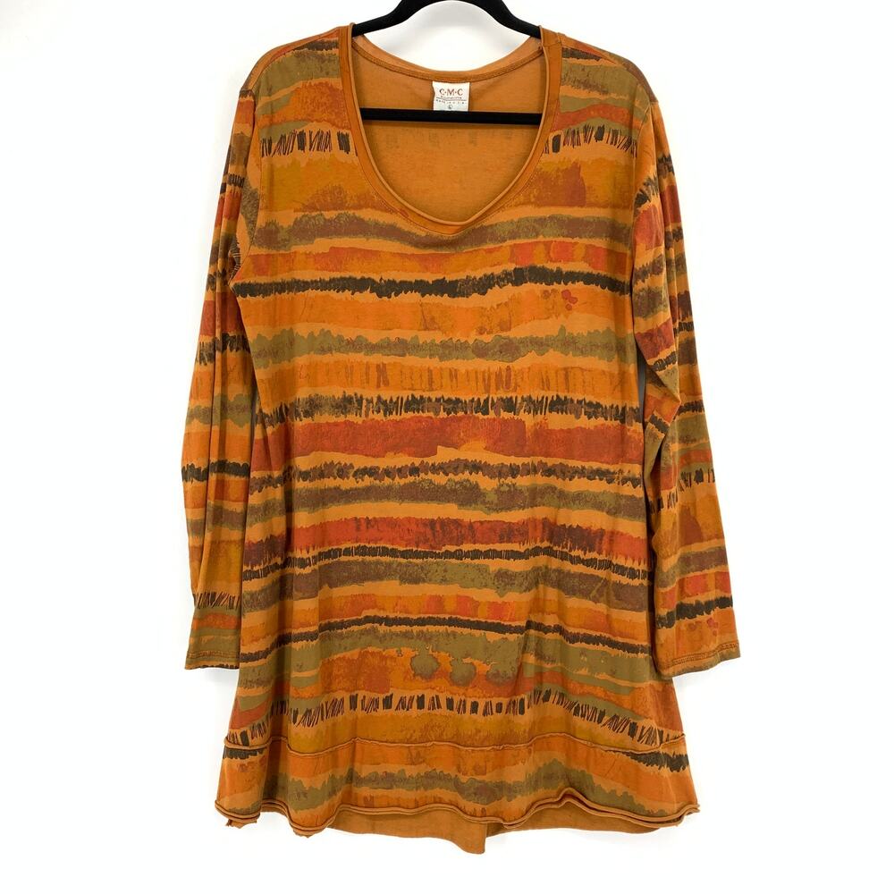 Color Me Cotton Scoop Neck Long Sleeve Tunic Womens Sz Large Orange Multi Stripe